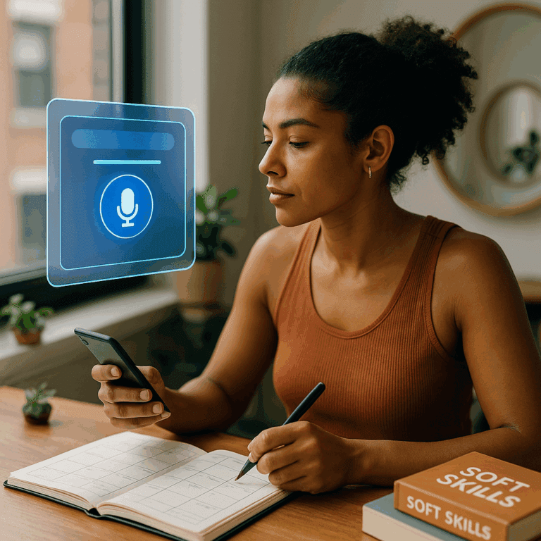 Mulher jovem escrevendo em um planner enquanto interage com um assistente virtual de inteligência artificial, representando o uso prático da IA na organização pessoal e desenvolvimento de soft skills.