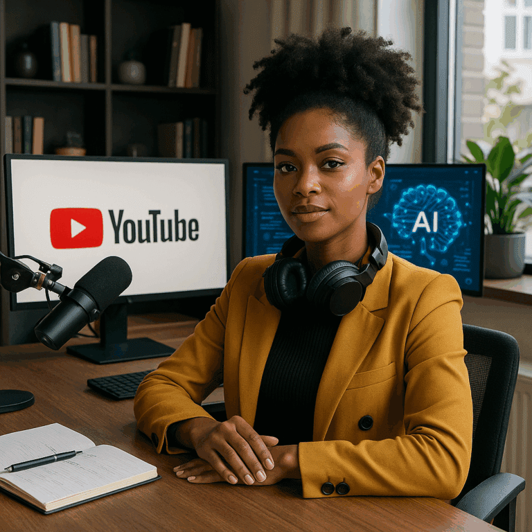 Mulher negra jovem com expressão confiante, sentada em seu home office moderno com fones de ouvido no pescoço, diante de dois monitores exibindo os logos do YouTube e de inteligência artificial, representando sucesso na criação de conteúdo digital com IA