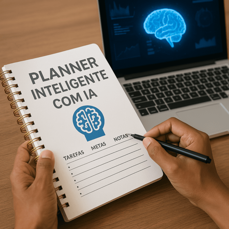 Planner inteligente com IA sendo preenchido à mão, com notebook ao fundo mostrando um cérebro digital.
