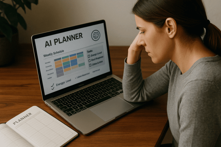 Mulher de perfil usando laptop com planner de inteligência artificial na tela, ao lado de um planner físico aberto, simbolizando organização da rotina com tecnologia.
