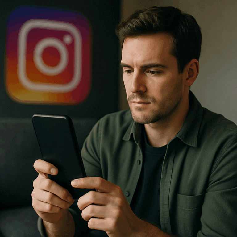 Homem jovem concentrado olhando para o celular, com o logo do Instagram desfocado ao fundo. A imagem transmite foco e análise visual, ideal para ilustrar conteúdos sobre inteligência artificial e design digital.