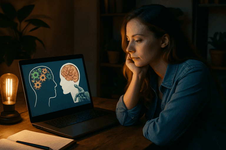 Mulher jovem refletindo diante de um notebook que exibe ilustrações simbólicas de inteligência emocional e artificial, em ambiente aconchegante com luz suave.