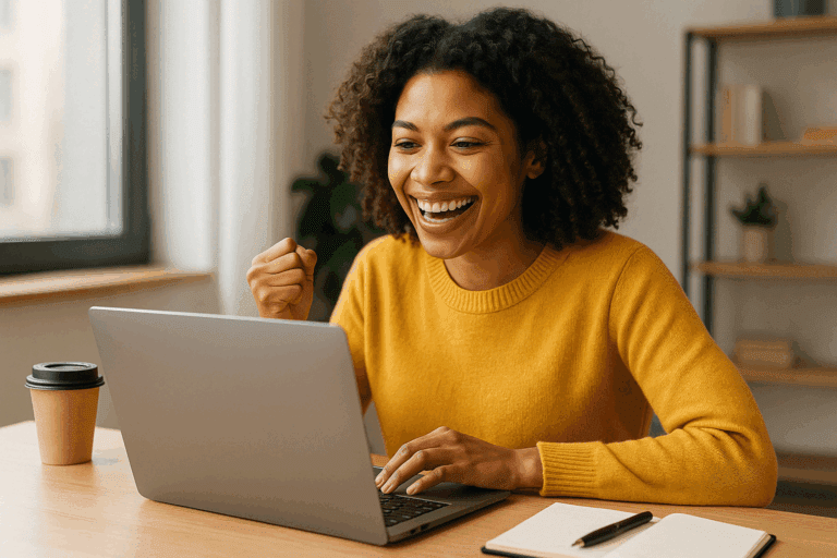 Mulher sorridente usando notebook em um ambiente de trabalho moderno, demonstrando entusiasmo ao interagir com inteligência artificial.