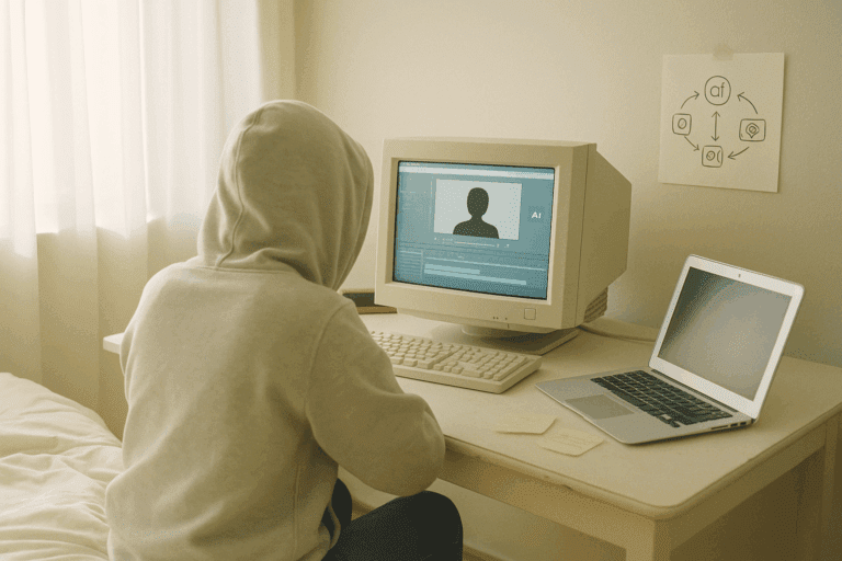 Pessoa anônima editando vídeo com inteligência artificial em um quarto iluminado, usando computador retrô e laptop, representando criação de conteúdo para YouTube sem aparecer.