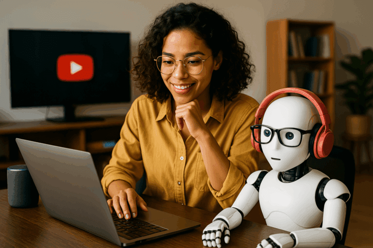 Mulher sorridente interagindo com laptop ao lado de robô com óculos e fones de ouvido, simbolizando a colaboração entre humanos e inteligência artificial no desenvolvimento de soft skills.